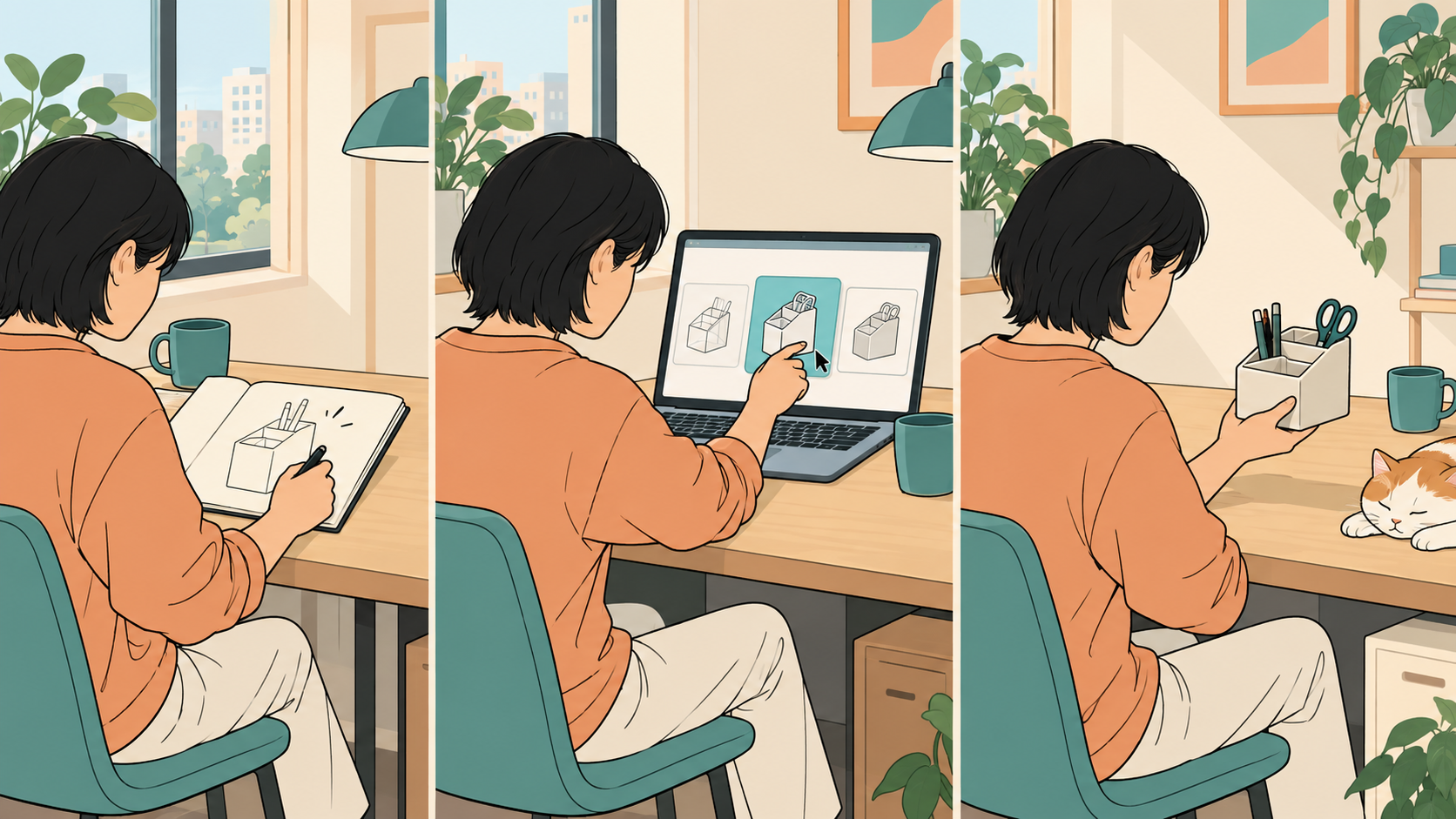 从绘制想法到操作电脑再到完成物件的三格插画