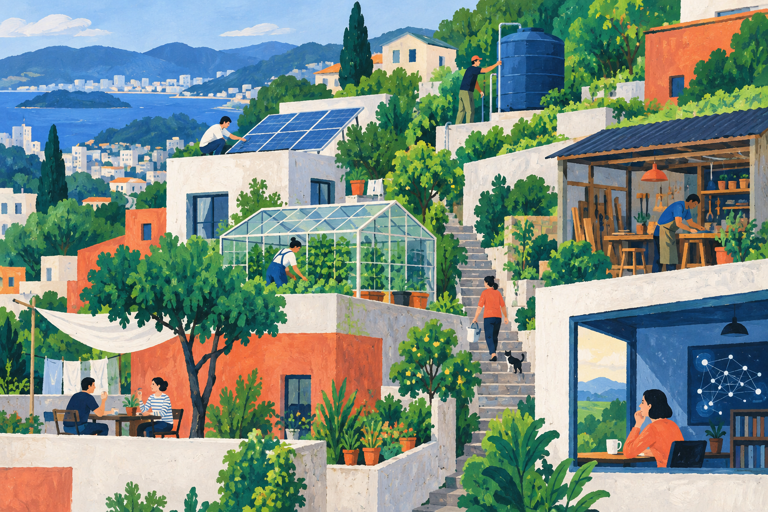发电、种植与制造靠近日常住居的社区设想，概念插画