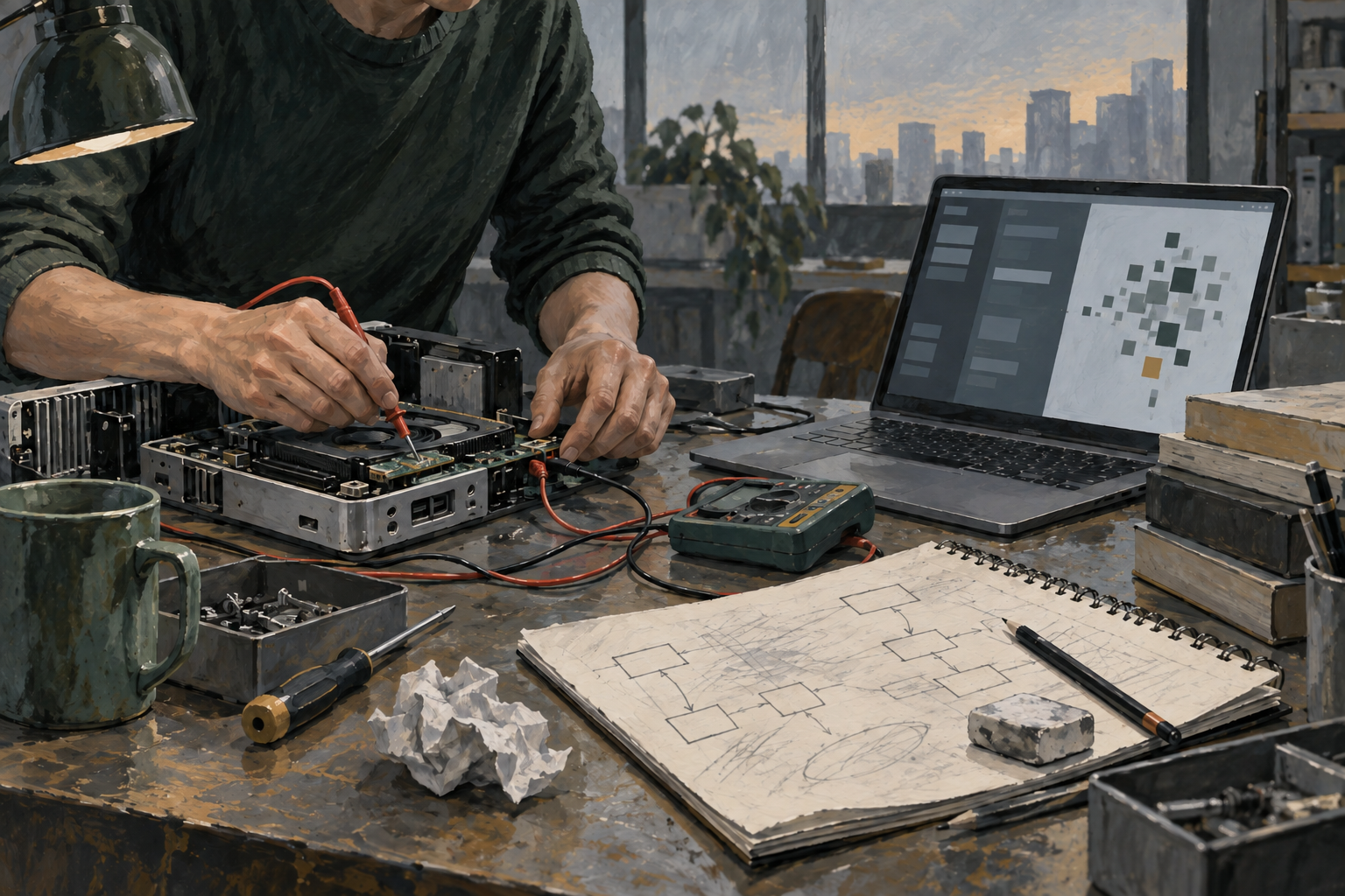在工作台上检查计算机连接的人，概念插画